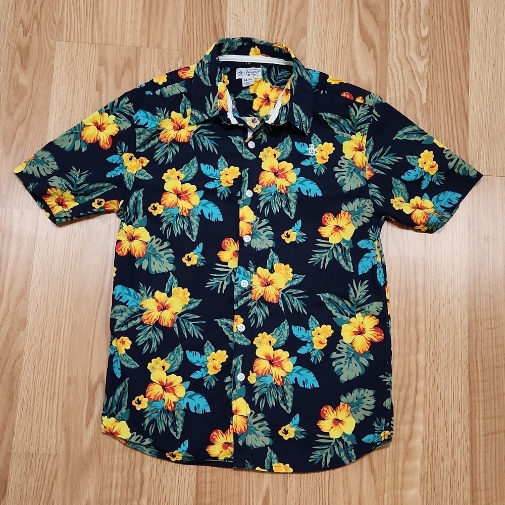 Original Penguin Kids Floral Button Down Shirt - Black, Yellow, Blue